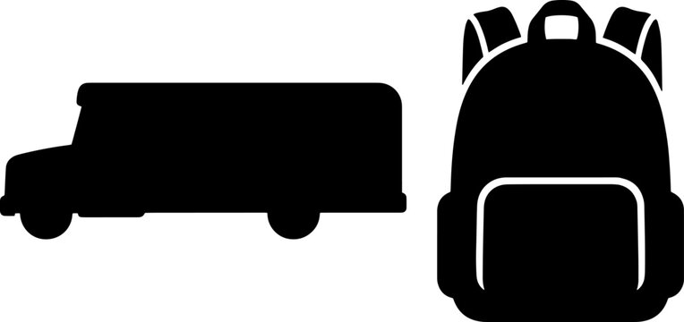 School bus silhouette and modern backpack icon set for educational graphic design.