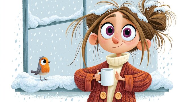 Cartoon illustration of a young woman with a light brown messy bun holding a white mug by a snow-covered window with a small robin nearby. Cozy winter scene perfect for nursery decor, greeting cards, 