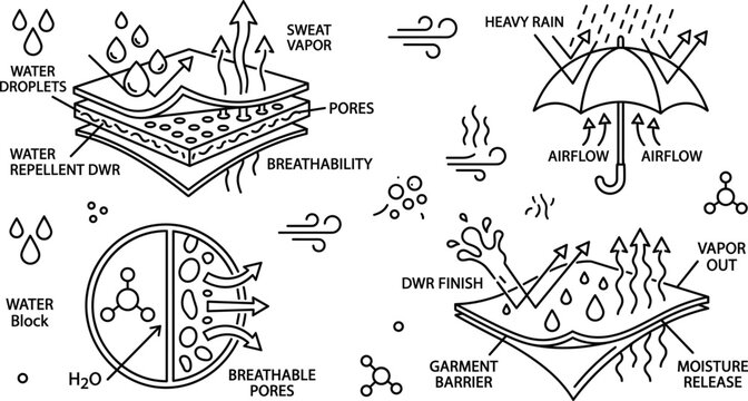 Waterproof breathable fabric technology and garment layer barrier diagrams vector line art information icons set
