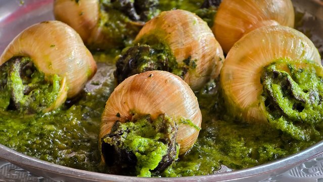 Escargots de Bourgogne cooked snail dish served in natural shells with green garlic parsley butter sauce, macro shot on a metal tray in a restaurant.
