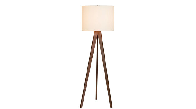 Tripod floor lamp with wooden legs and cream shade
