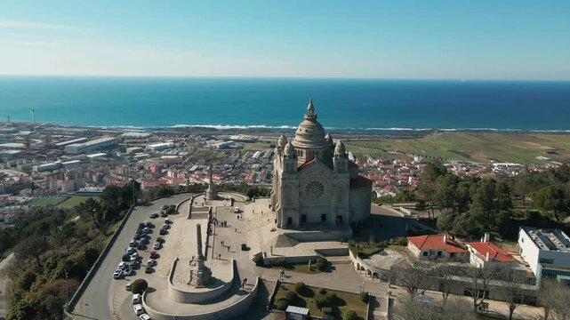 Aerial view of the Sanctuary of the Sacred Heart of Jesus overlooking the city of Viana do Castelo and the Atlantic Ocean in Viana do Castelo, Viana do Castelo Dist, Portugal.