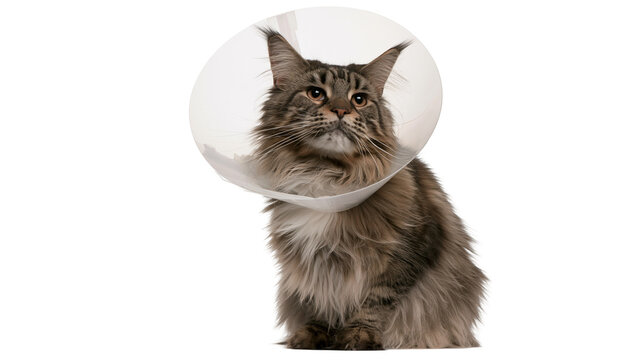Maine Coon cat wearing a clear Elizabethan collar