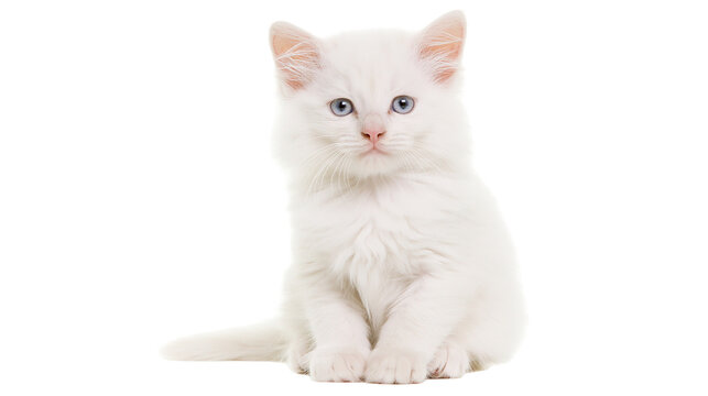 Fluffy white kitten with blue eyes sitting