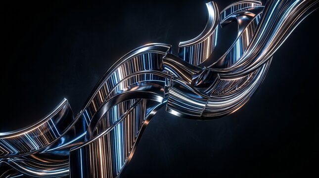 A futuristic metallic sculpture with glowing blue and orange lights on a dark background