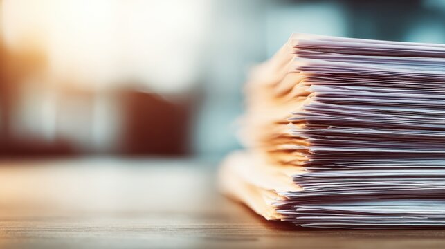 Close-up view of a thick stack of health policy documents on a wooden desk with soft background lighting