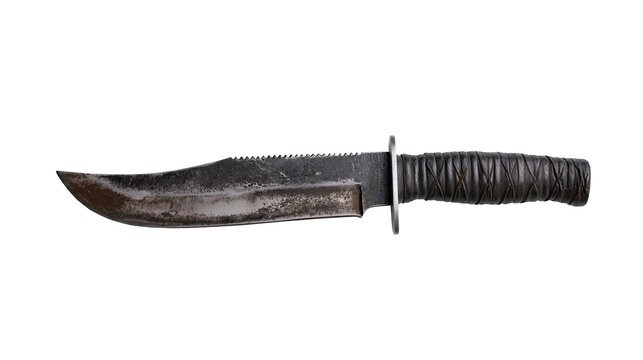 Tactical combat knife with serrated edge and leather-wrapped handle