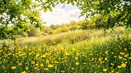 Obraz premium Vibrant Meadow Filled with Yellow Flowers Under Warm Sunlight and Green Foliage.