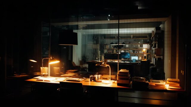 A solitary investigator sits at his cluttered desk, illuminated by a single lamp. The room is shrouded in shadows and mystery.