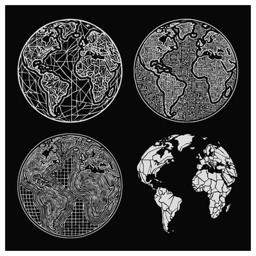 Abstract World Map Globe Set Featuring Global Connection, Geometric Earth, Digital Technology, and Topographic Design Patterns on Black