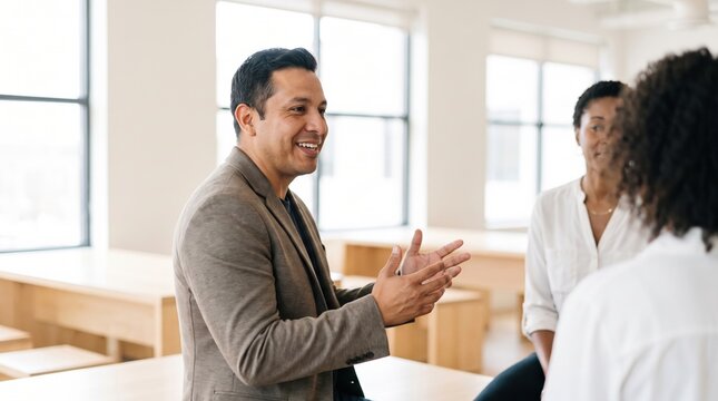 Smiling man leading informal office meeting, colleagues listening and engaging in bright modern workspace