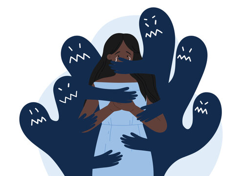 Sad woman overwhelmed by dark shadowy figures representing abuse, depression, and fear, expressing emotional struggle and mental health issues, vector illustration