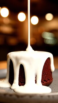 A rich chocolate dessert being drizzled with white sauce on a plate indoors.