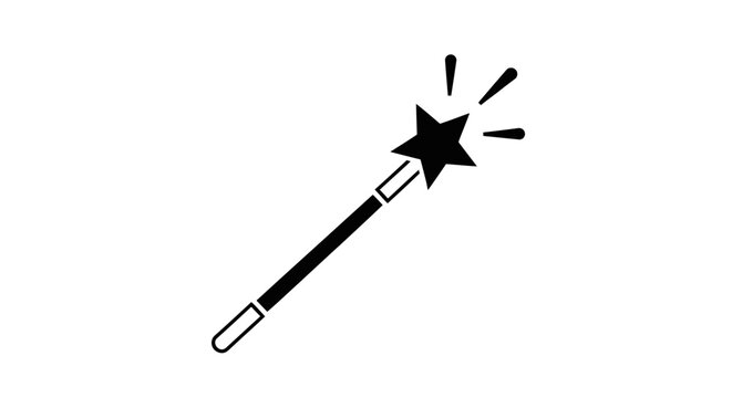 Minimalist black magic wand icon with sparkling stars.