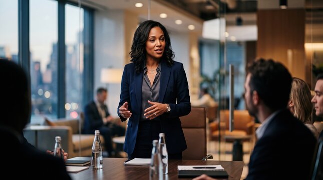 Woman in navy suit leading corporate meeting in modern office boardroom with glass windows at sunset, confident professional delivering presentation and engaging colleagues