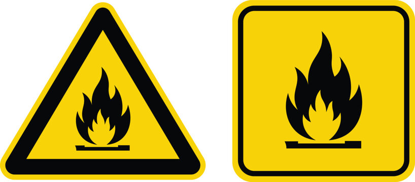Warning symbols for flammable in yellow triangle and square formats