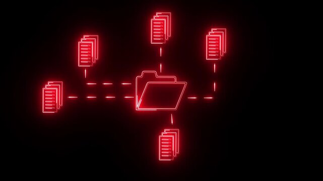 Neon document management system icon connecting multiple files and folders, diagram illustrating a central folder connected icon to multiple stacks of documents.