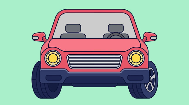 red cartoon car front view with grille and yellow headlights on green background