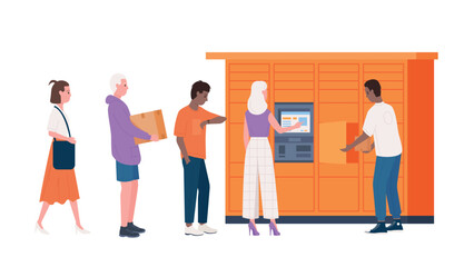 Fototapeta premium Cartoon people standing in line at postal automat locker, customers waiting to receive store orders or send parcel boxes. Self service in post office interior, queue to postomat vector illustration