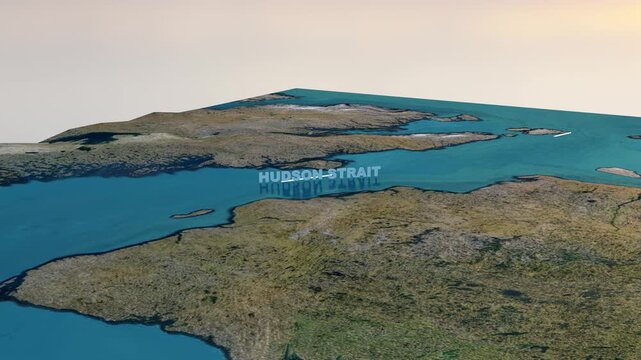 Hudson Strait 3D Terrain Map and Topography Animation, 4K Video Horizontal