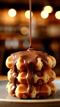 Chocolate sauce is poured over a stack of waffles on a plate in a restaurant.