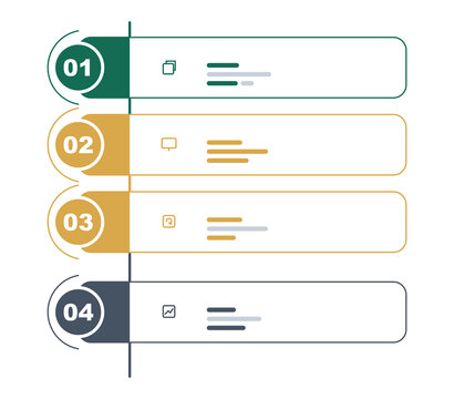 Four vertical steps process list business infographic layout template with colored title tags and creative linear corporate outline icons