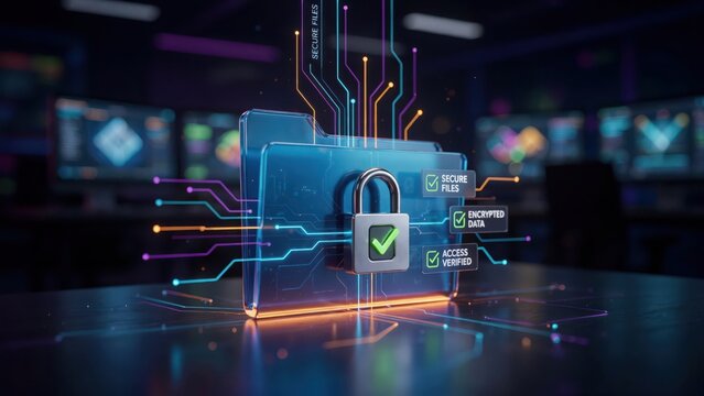 Digital data folder with a secure padlock and glowing network connections