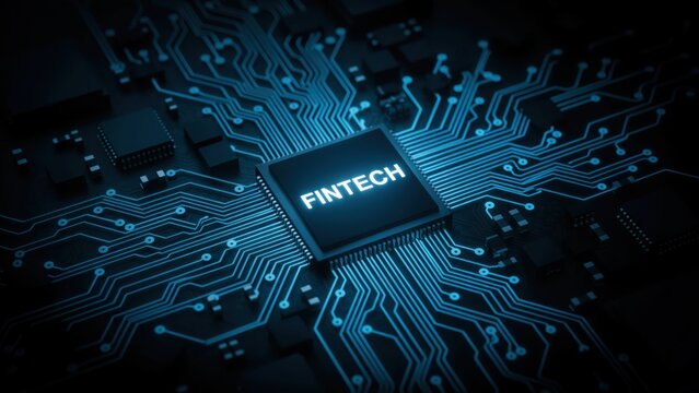 Fintech word on a digital computer processor chip with glowing blue circuit lines