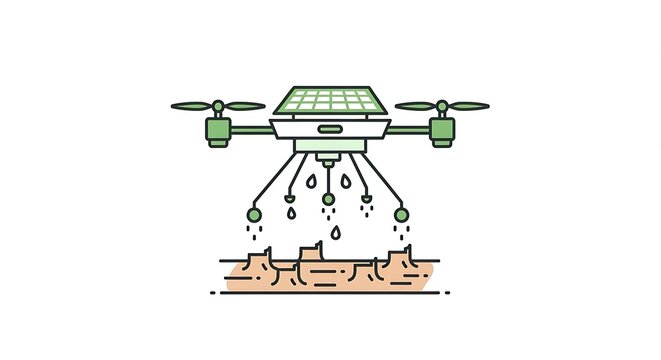 Solar powered quadcopter drone spraying crops in a field, showcasing smart agriculture and clean energy technology.