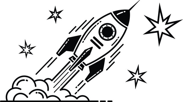 Black and white rocket launch with starburst explosion and cloud trail space stars