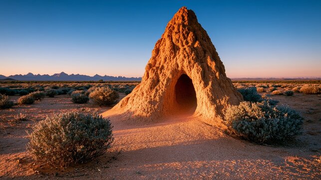 termite. Large termite mound in desert landscape, stepped pyramid shape, sharp shadows from low sun, wide angle view. wildlife magazines.