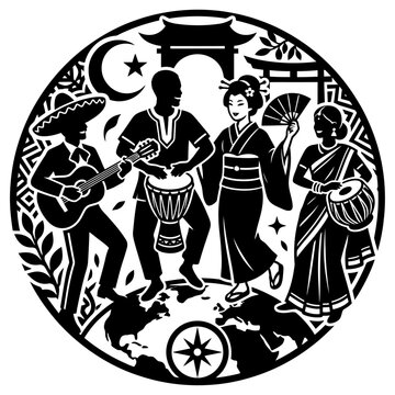 global unity and cultural diversity depicted in an international celebration of diverse cultures playing world music symbolizing global harmony.