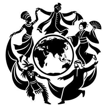 multicultural people celebrating global unity and cultural diversity dancing around a globe symbolizing international cooperation