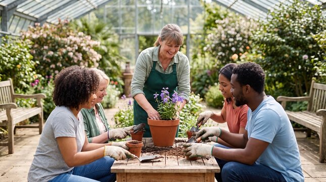 Friends and Instructor Potting Plants in Greenhouse