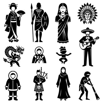 world cultures and diverse people representing various ethnic groups in traditional clothing a vector icon set.