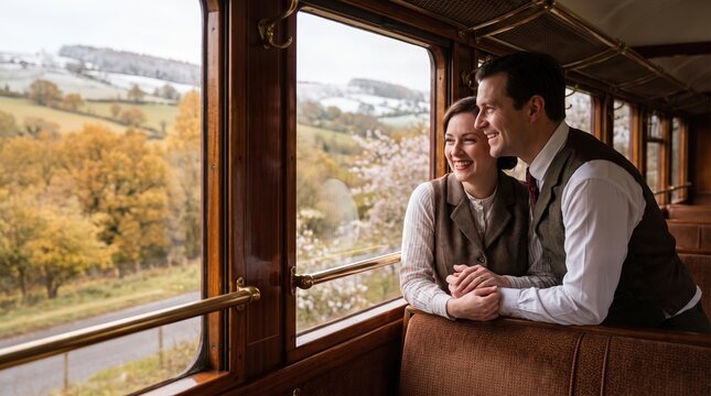 Couple On Scenic Vintage Train Journey In Winter