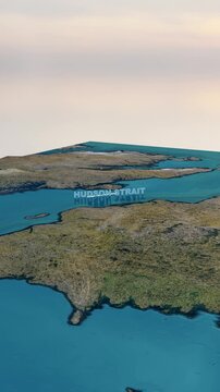 Hudson Strait 3D Terrain Map and Topography Animation, 4K Video Vertical