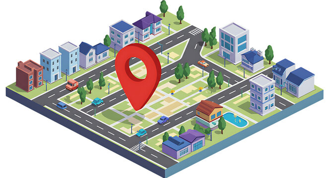 3d icon of isometric map with a large red location pin in the center, isolated on transparent background