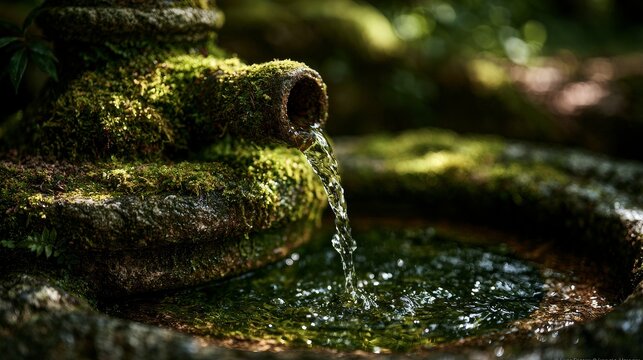artesian. Close-up of an ancient mossy stone wellhead with water flowing into a basin. real-estate listings.
