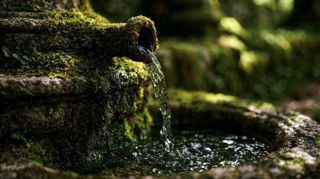 artesian. Close-up of an ancient mossy stone wellhead with water flowing into a basin. real-estate listings.

