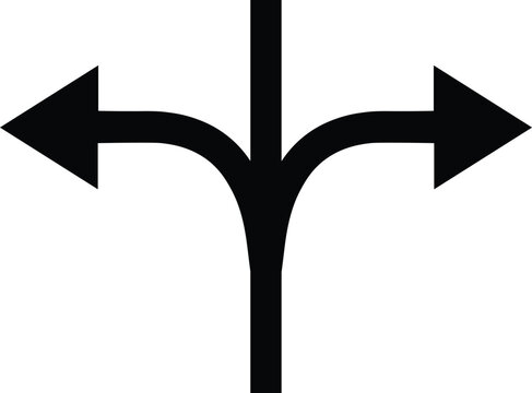 Black and white two way arrow sign with vertical line directional fork