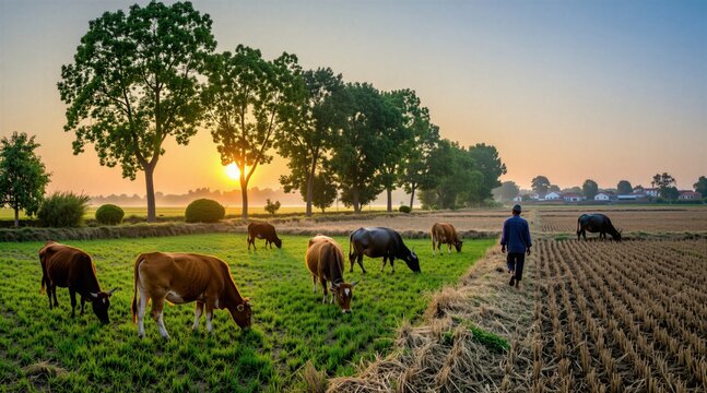 Man walks through field with cows grazing at sunrise near village. Farmer tends herd in grassy pasture with trees. Early morning rural landscape, warm light, peaceful farm work.