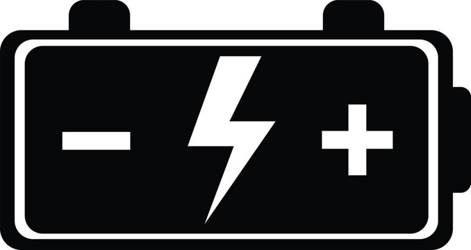 Black rectangular battery with lightning bolt and polarity signs symbol white