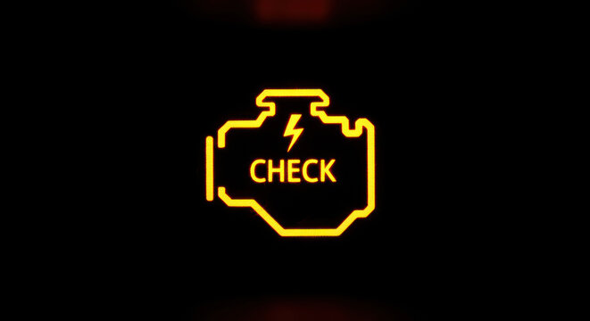 A yellow warning light illuminates against a black background. The light displays a stylized wrench icon with a lightning bolt inside a rectangular box that reads "CHECK".