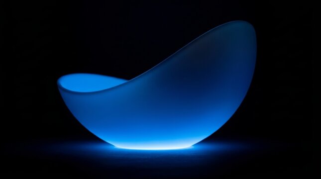 Glowing blue chair with unique curved design in dark room