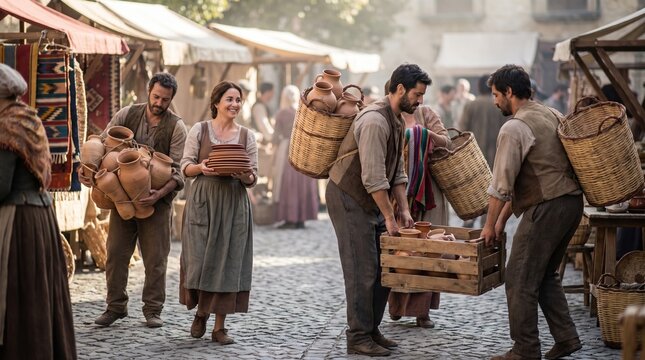 Historic market bustling with traders and goods