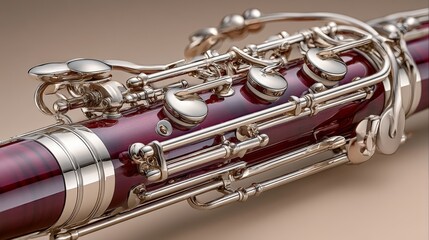 Obraz premium A dark wood bassoon with silver keys, showcasing its elegant curves in a close-up view.