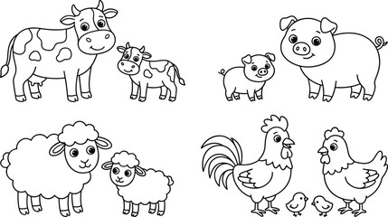 Obraz premium Cute Farm Animals and Their Babies Coloring Page Set Featuring Cartoon Cow Pig Sheep Chicken Hen and Rooster Families for Kids Activity Sheets