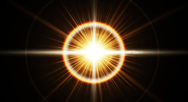 A brilliant, radiant sun emits intense golden light rays emanating from a central point. The light forms a circular pattern with intersecting lines, creating a dramatic and energetic effect.
