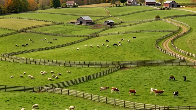 울타리가 있는 드넓은 푸른 구릉 지대에서 한가로이 풀을 뜯는 양 떼
Flock of Sheep Grazing on a Vast Green Rolling Hills Meadow with Fences